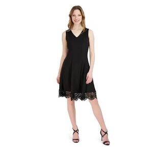 Donna Ricco V-Neck Scuba Dress Women's 8 Black Knee Length Sleeveless NWT